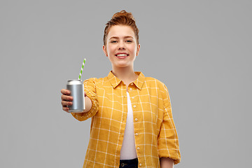 Image showing young woman or teenage girl drinking soda from can