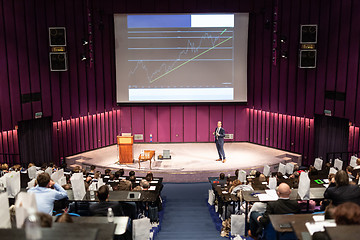 Image showing Speaker giving presentation on business conference event.