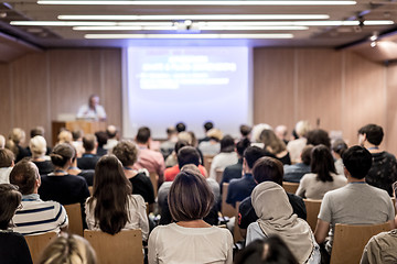 Image showing Business speaker giving a talk at business conference event.