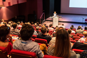 Image showing Business speaker giving a talk at business conference event.