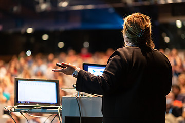 Image showing Public speaker giving talk at Business Event.