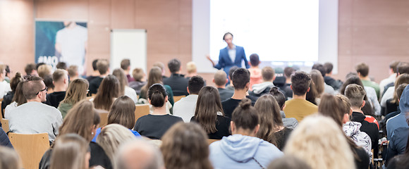 Image showing Business speaker giving a talk at business conference event.