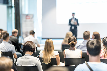 Image showing Male business speaker giving a talk at business conference event.