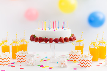 Image showing birthday cake, juice, popcorn and marshmallow