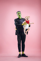 Image showing Halloween Family. Happy Father and Children Girl in Halloween Costume and Makeup