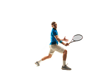 Image showing one caucasian man playing tennis player isolated on white background