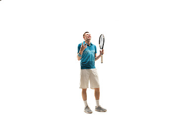 Image showing one caucasian man playing tennis player isolated on white background