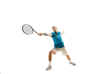 Image showing one caucasian man playing tennis player isolated on white background