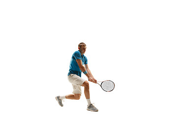 Image showing one caucasian man playing tennis player isolated on white background