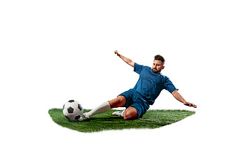 Image showing Football player tackling for the ball over white background