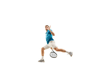 Image showing one caucasian man playing tennis player isolated on white background