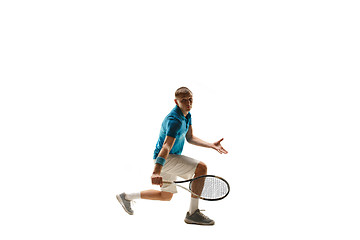 Image showing one caucasian man playing tennis player isolated on white background