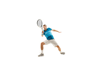 Image showing one caucasian man playing tennis player isolated on white background