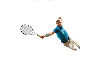 Image showing one caucasian man playing tennis player isolated on white background