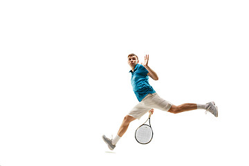 Image showing one caucasian man playing tennis player isolated on white background