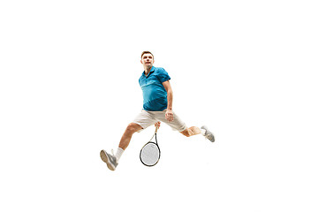 Image showing one caucasian man playing tennis player isolated on white background