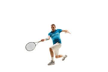 Image showing one caucasian man playing tennis player isolated on white background