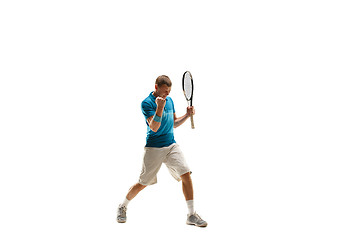 Image showing one caucasian man playing tennis player isolated on white background