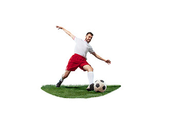 Image showing Football player tackling for the ball over white background