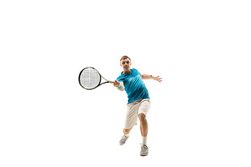 Image showing one caucasian man playing tennis player isolated on white background