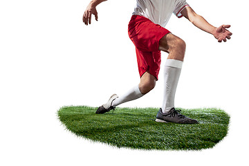 Image showing Football player tackling for the ball over white background