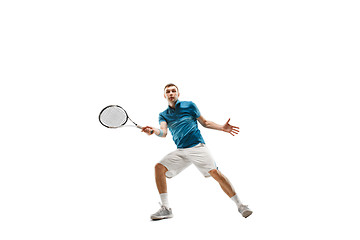 Image showing one caucasian man playing tennis player isolated on white background