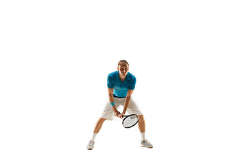 Image showing one caucasian man playing tennis player isolated on white background