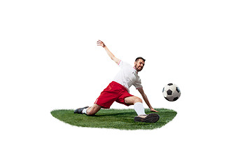 Image showing Football player tackling for the ball over white background