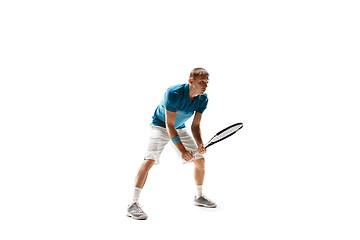 Image showing one caucasian man playing tennis player isolated on white background