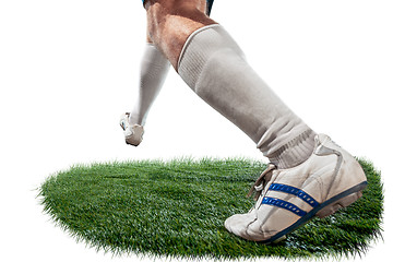 Image showing Football player tackling for the ball over white background