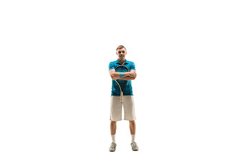 Image showing one caucasian man as tennis player posing isolated on white background