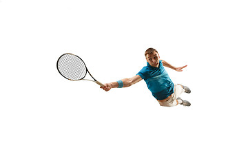 Image showing one caucasian man playing tennis player isolated on white background