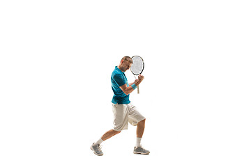 Image showing one caucasian man playing tennis player isolated on white background