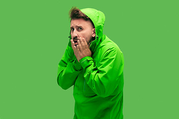 Image showing handsome bearded young man isolated on green