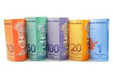 Image showing Malaysia currency one,five,ten,fifty and hundred ringgit