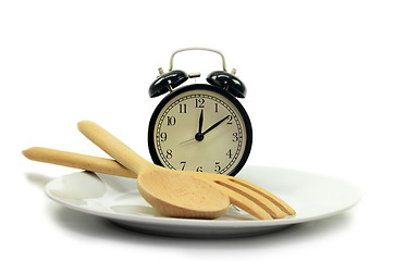 Image showing Alarm clock with fork and knife on the plate