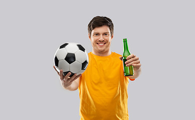 Image showing man or football fan with soccer ball and beer