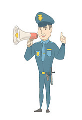 Image showing Caucasian policeman speaking into loudspeaker.
