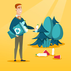 Image showing Man collecting garbage in forest.