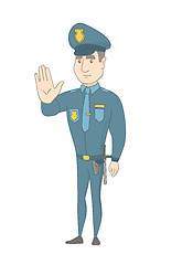 Image showing Caucasian policeman showing stop hand gesture.