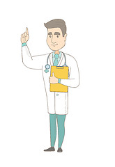 Image showing Caucasian doctor holding clipboard with documents.