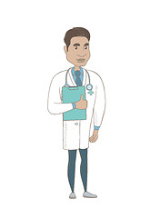 Image showing Hispanic doctor holding clipboard with papers.