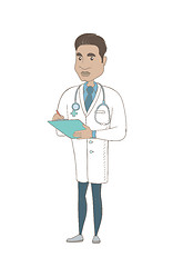 Image showing Hispanic doctor holding clipboard with documents.