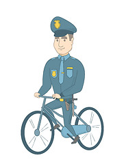 Image showing Young caucasian police officer on bicycle.