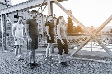 Image showing group of young people jogging across the bridge