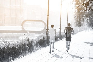 Image showing group of young people jogging in the city