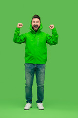 Image showing handsome bearded young man looking at camera isolated on green