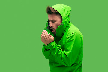 Image showing handsome bearded young man isolated on green