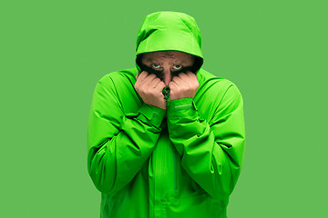 Image showing handsome bearded young man isolated on green