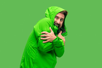 Image showing handsome bearded young man isolated on green